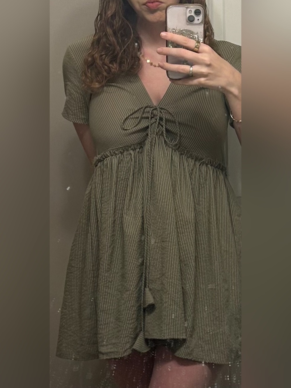 Olive Green Ribbed Babydoll Dress- 100% Cotton